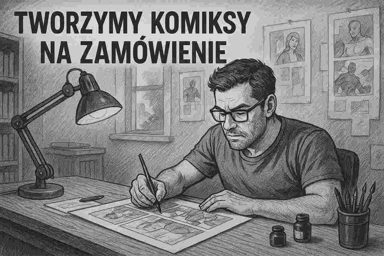 Mężczyzna rysuje komiks w pracowni, czarno-biała realistyczna ilustracja z napisem Tworzymy komiksy na zamówienie