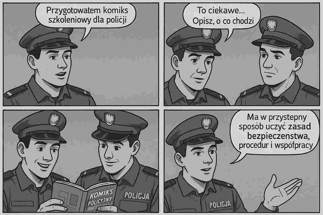 Komiks dla Policji przedstawiający rozmowę funkcjonariuszy o wykorzystaniu komiksu w edukacji o bezpieczeństwie